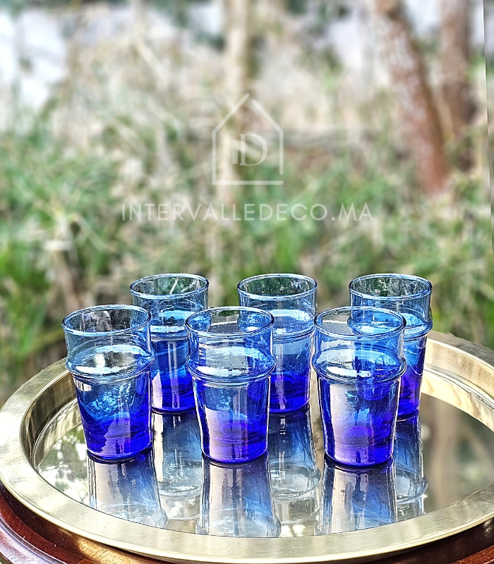 Lot de 6 verres à thé marocains Beldi de couleur Bleu, Vert et Marron 15cl