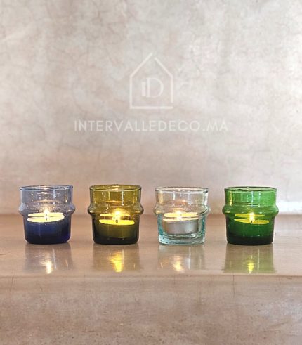bougeoirs en verre Beldi marocain bleu, transparent, vert et marron