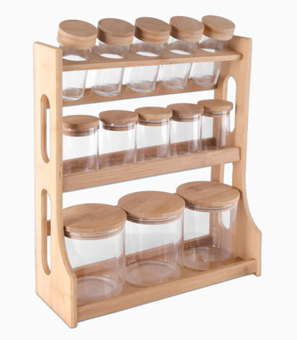 Service de petits pots à épices en verre et bocaux hermétiques – 13 pièces avec support en bambou