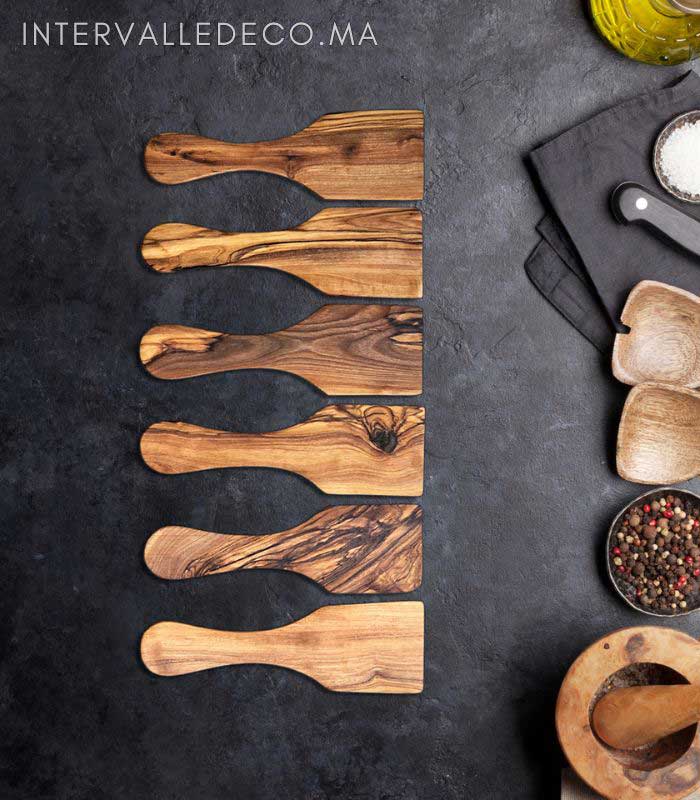 Set De 6 Raclettes En Bois D'olivier Avec Soucoupes - Pour Fromage, Apéritif - Dimensions Soucoupe 9x9 Cm, Spatule 14 Cm - Entretien à L'huile