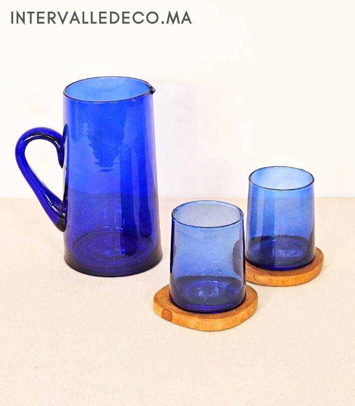 Coffret cadeau marocain – Carafe et verres Beldi en verre soufflé bleu