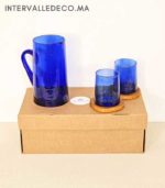 Coffret cadeau marocain – Carafe et verres Beldi en verre soufflé bleu